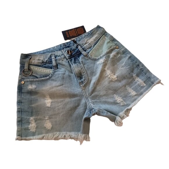 Razzo Pants - Razzo Women's Coastal Cowgirl Distressed Frayed Light Denim Shorts Size EU 38
